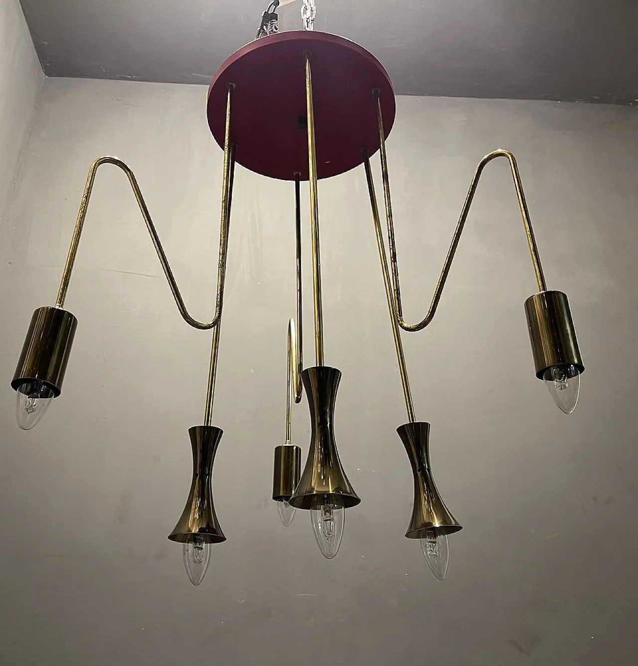 Red brass pendant lamp from Stilnovo, 1950s 5