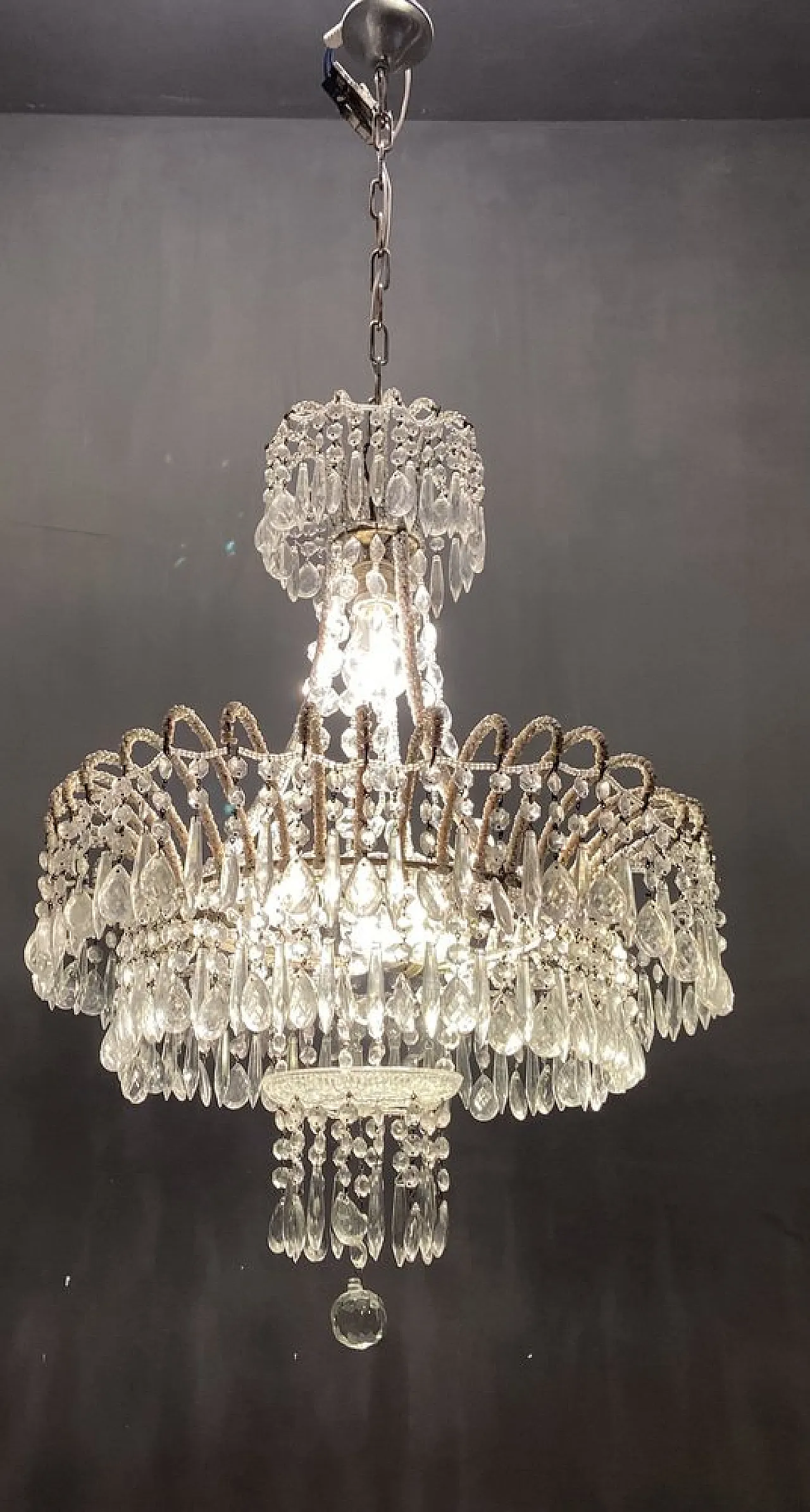 White chandelier with crystal beads, 1960s 2