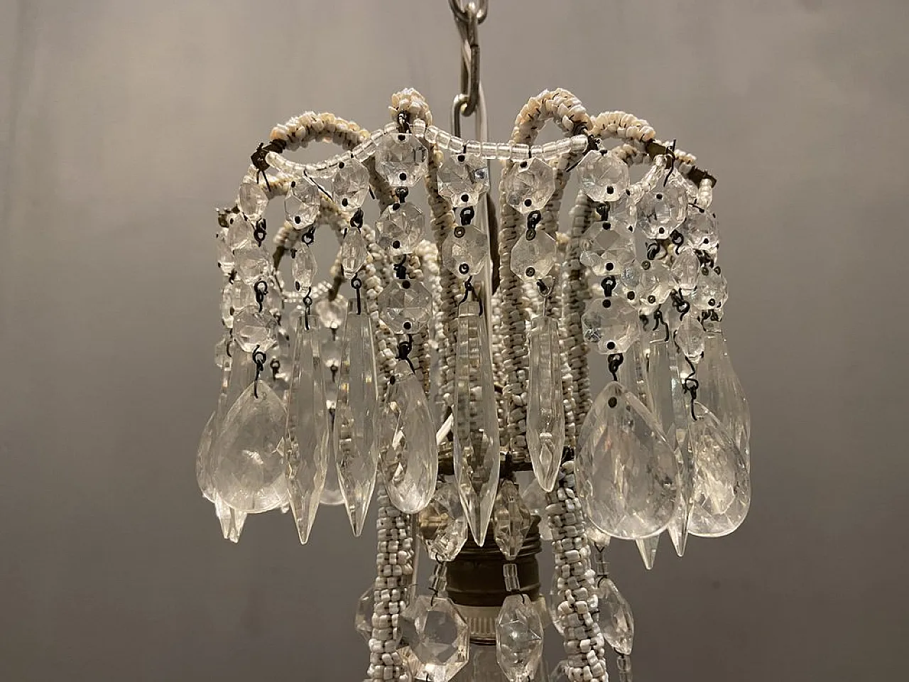 White chandelier with crystal beads, 1960s 3