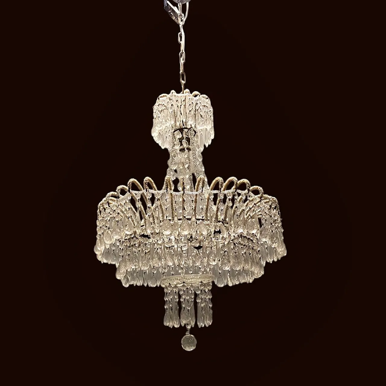White chandelier with crystal beads, 1960s 5