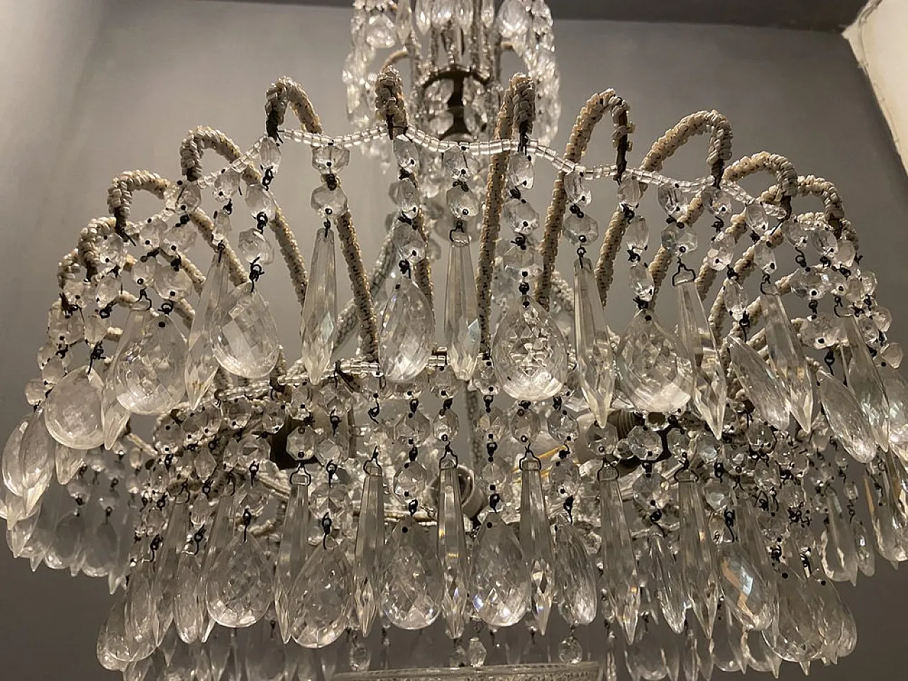 White chandelier with crystal beads, 1960s 6