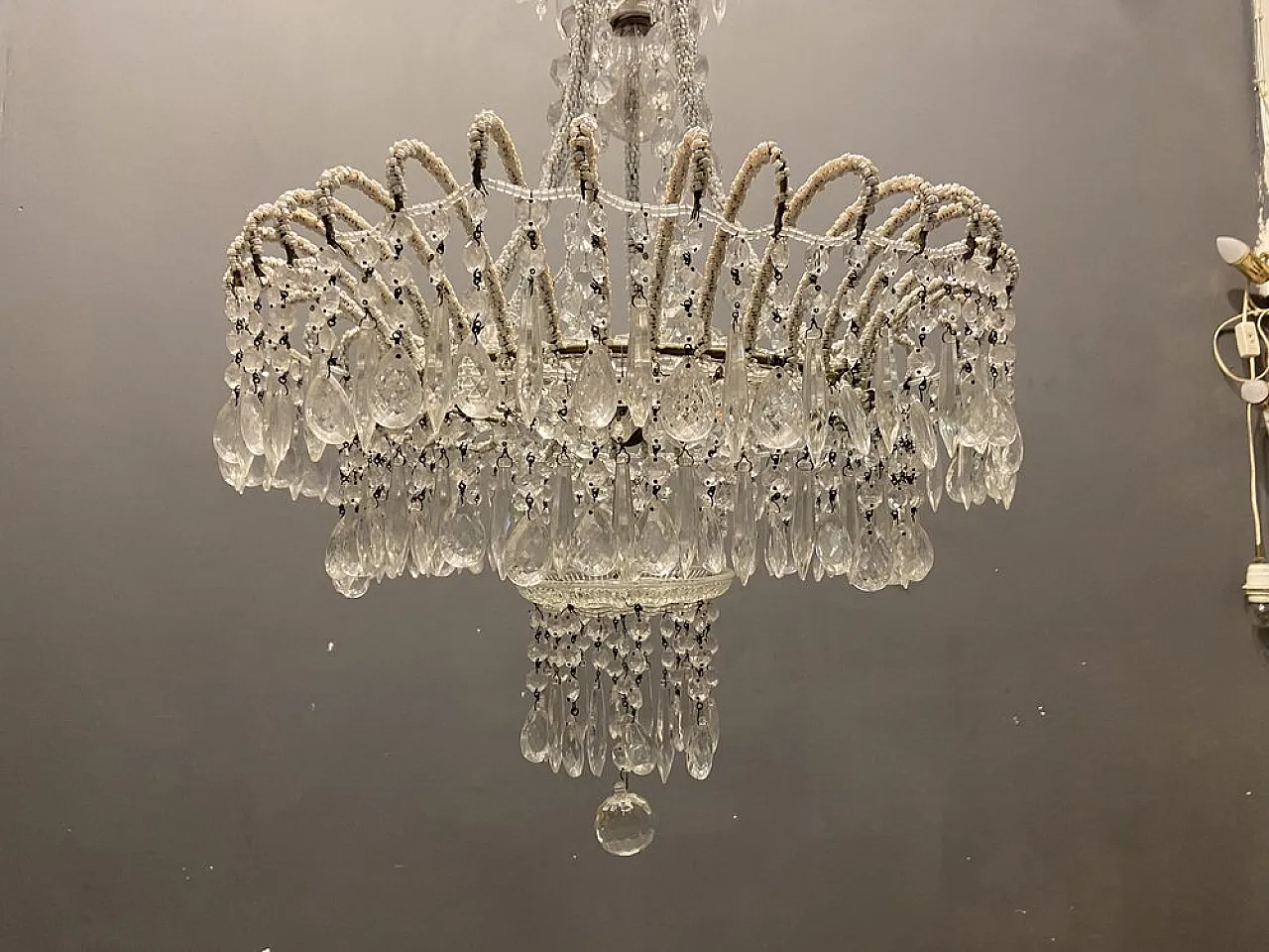 White chandelier with crystal beads, 1960s 8