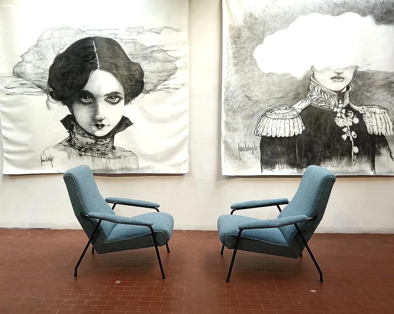 Pair of light blue armchairs, 1950s 1