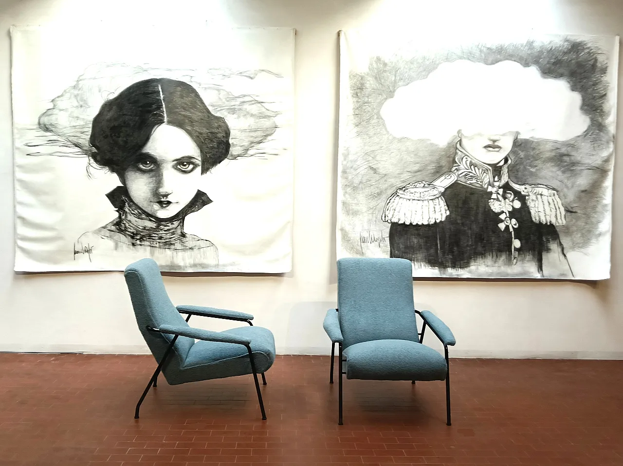 Pair of light blue armchairs, 1950s 12