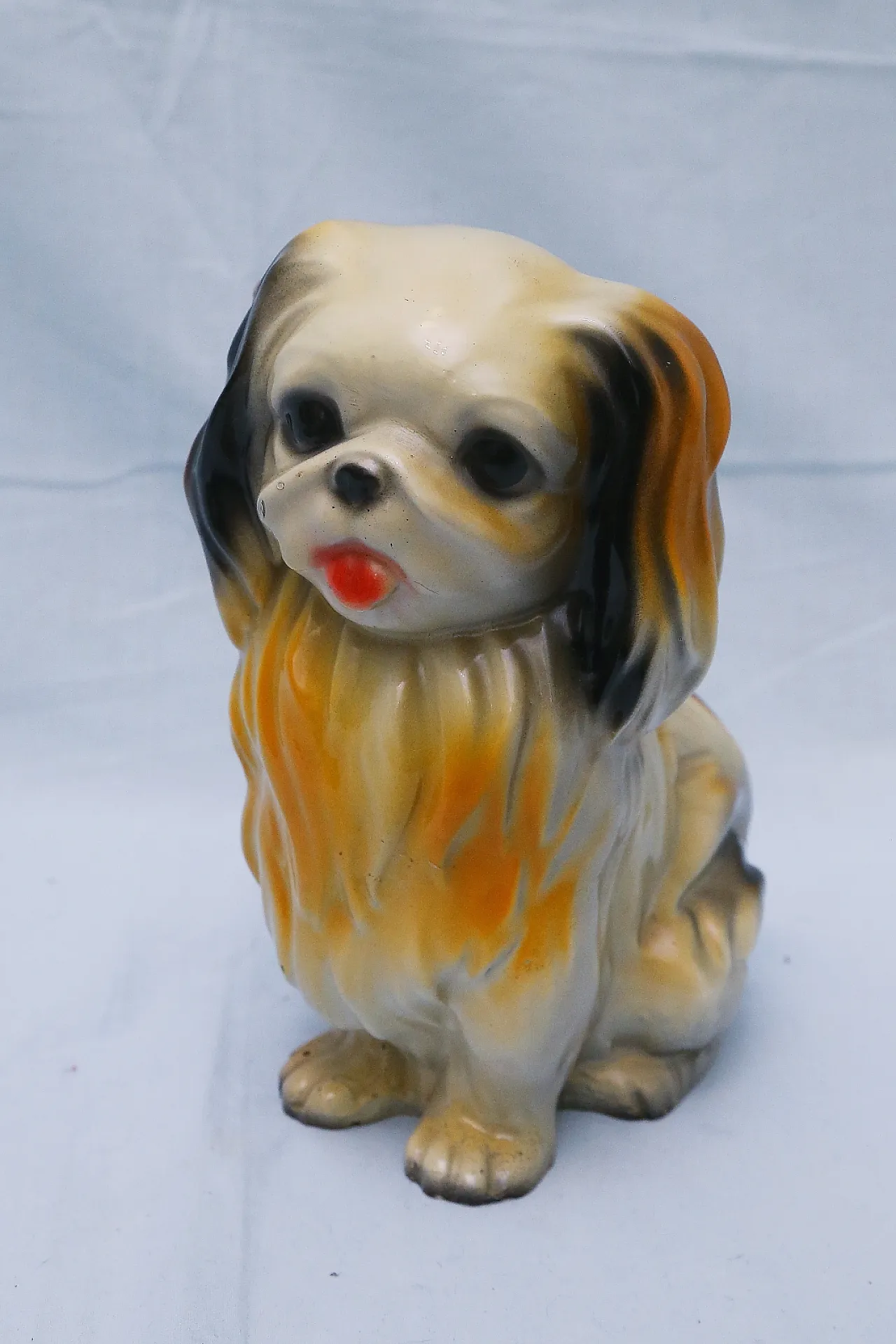 Pekingese dog figurine, enamelled plaster sculpture, 1950s 1