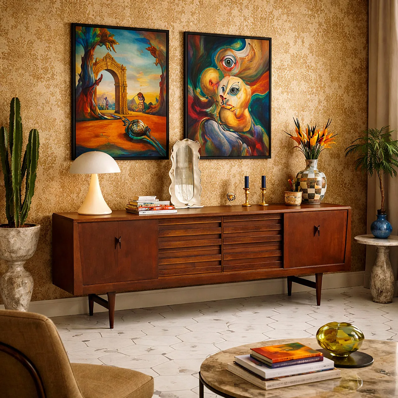 Credenza impiallacciata in teak con ante e cassetti a battente, '900 2