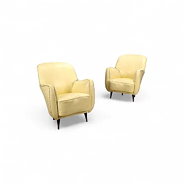 Coppia di poltrone in legno, vinile e ottone, '900