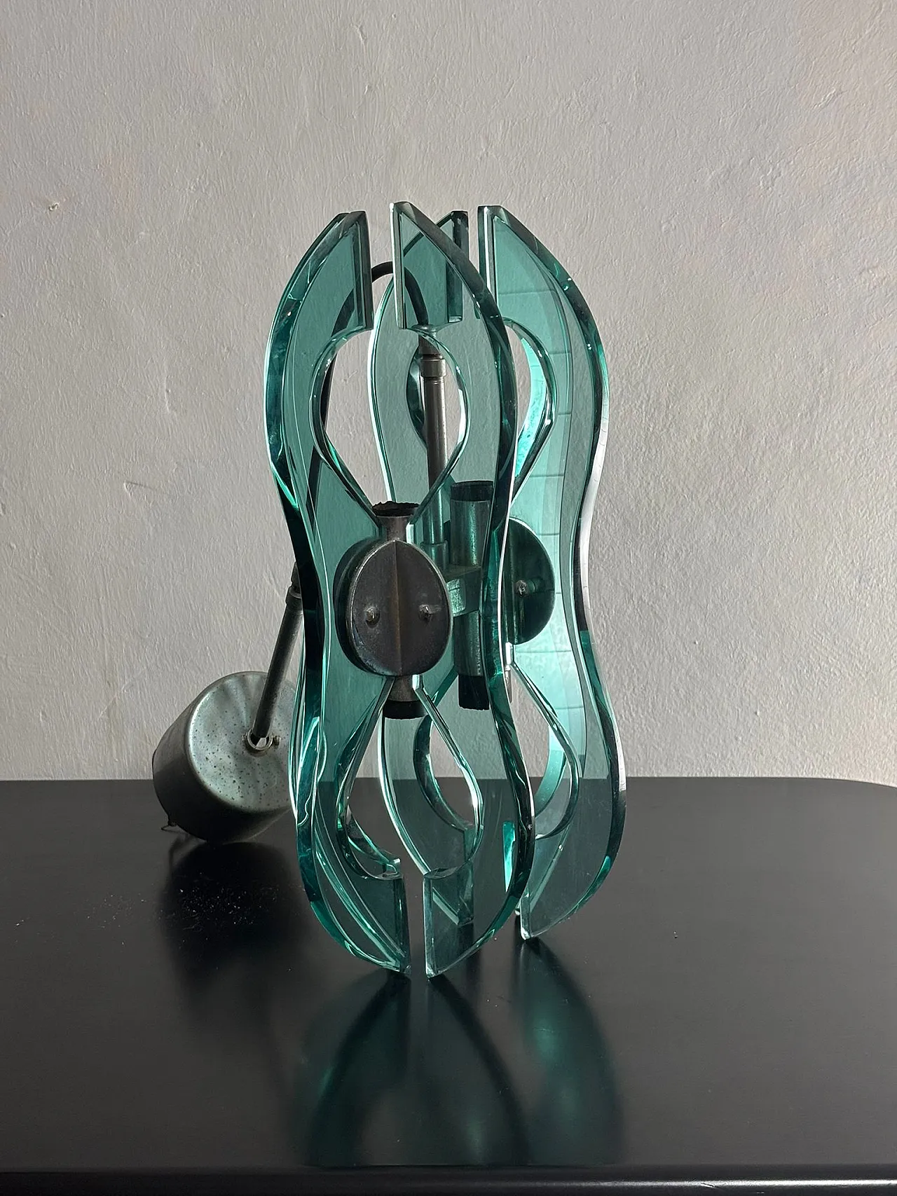 Lampadario a sospensione vetro e accaio, anni '70 1