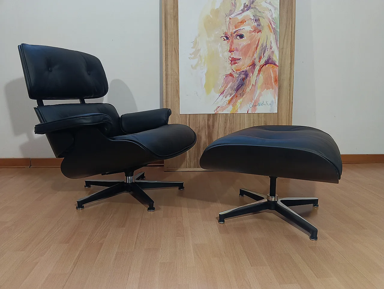 Poltrona e pouf in pelle di Charles & Ray Eames per Alivar, anni 2000 1