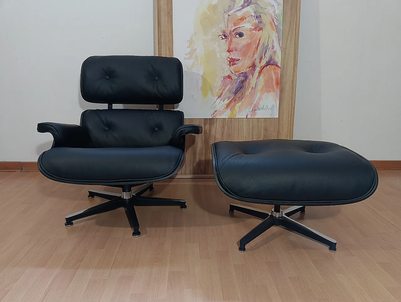 Poltrona e pouf in pelle di Charles & Ray Eames per Alivar, anni 2000 59