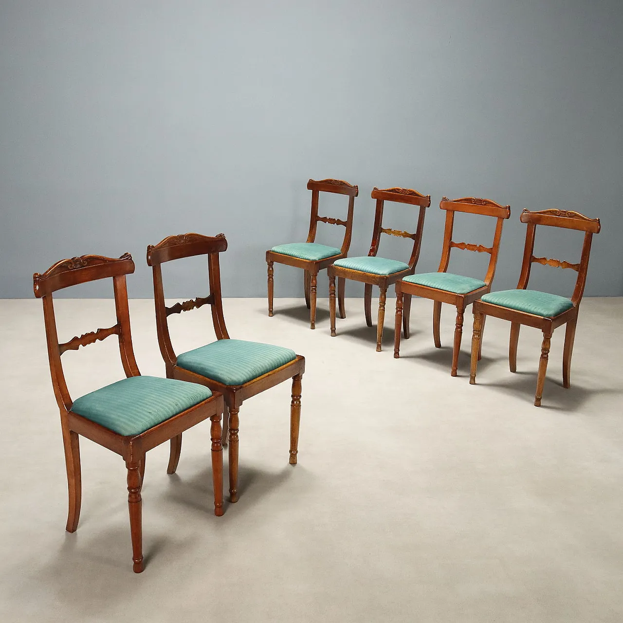 6 Sedie Luigi Filippo in noce con imbottitura sfoderabile, tardo '800 1