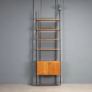 Libreria in legno impiallacciato mogano, metallo e ottone, '900