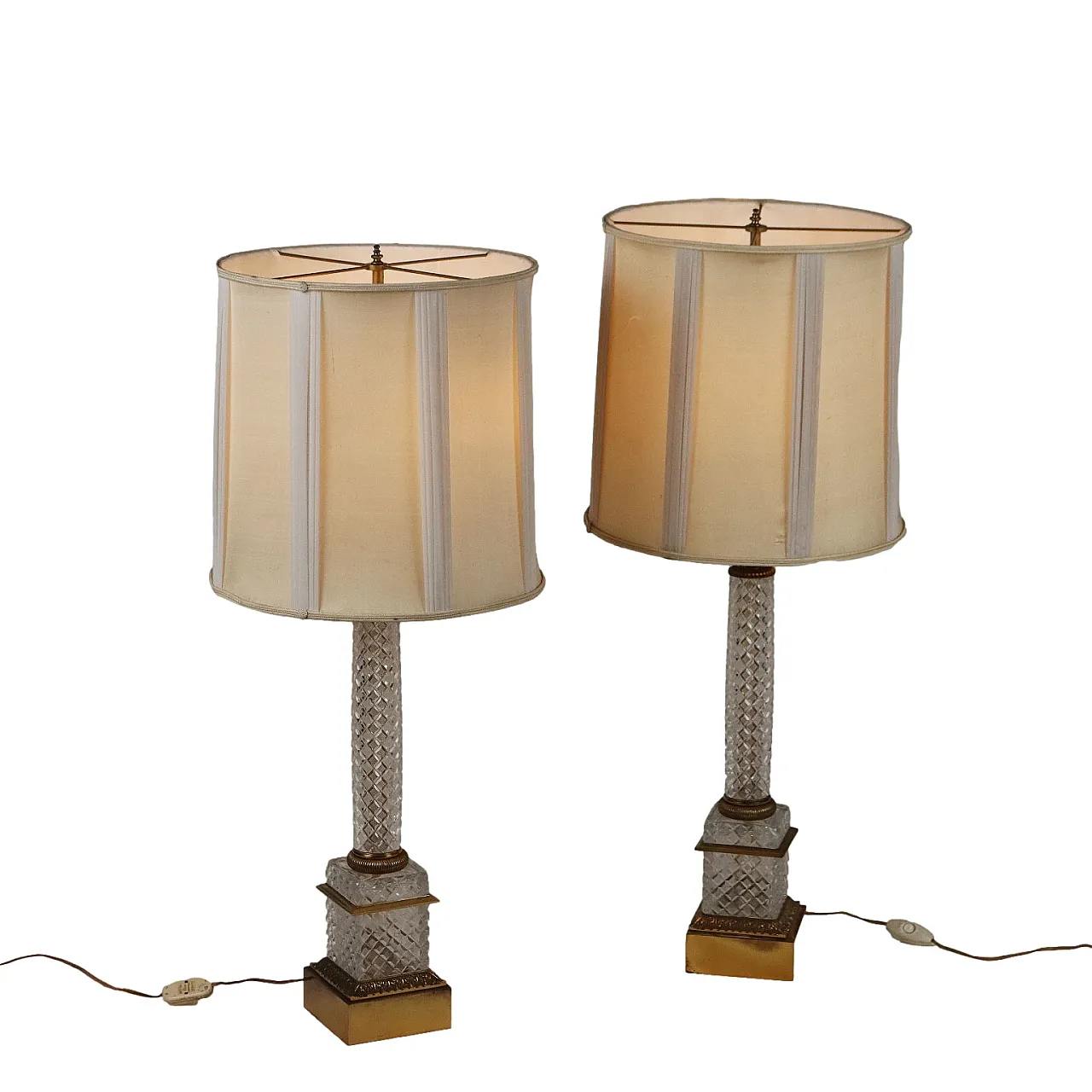 Pair of beveled crystal and bronze lamps with fabric shades 1