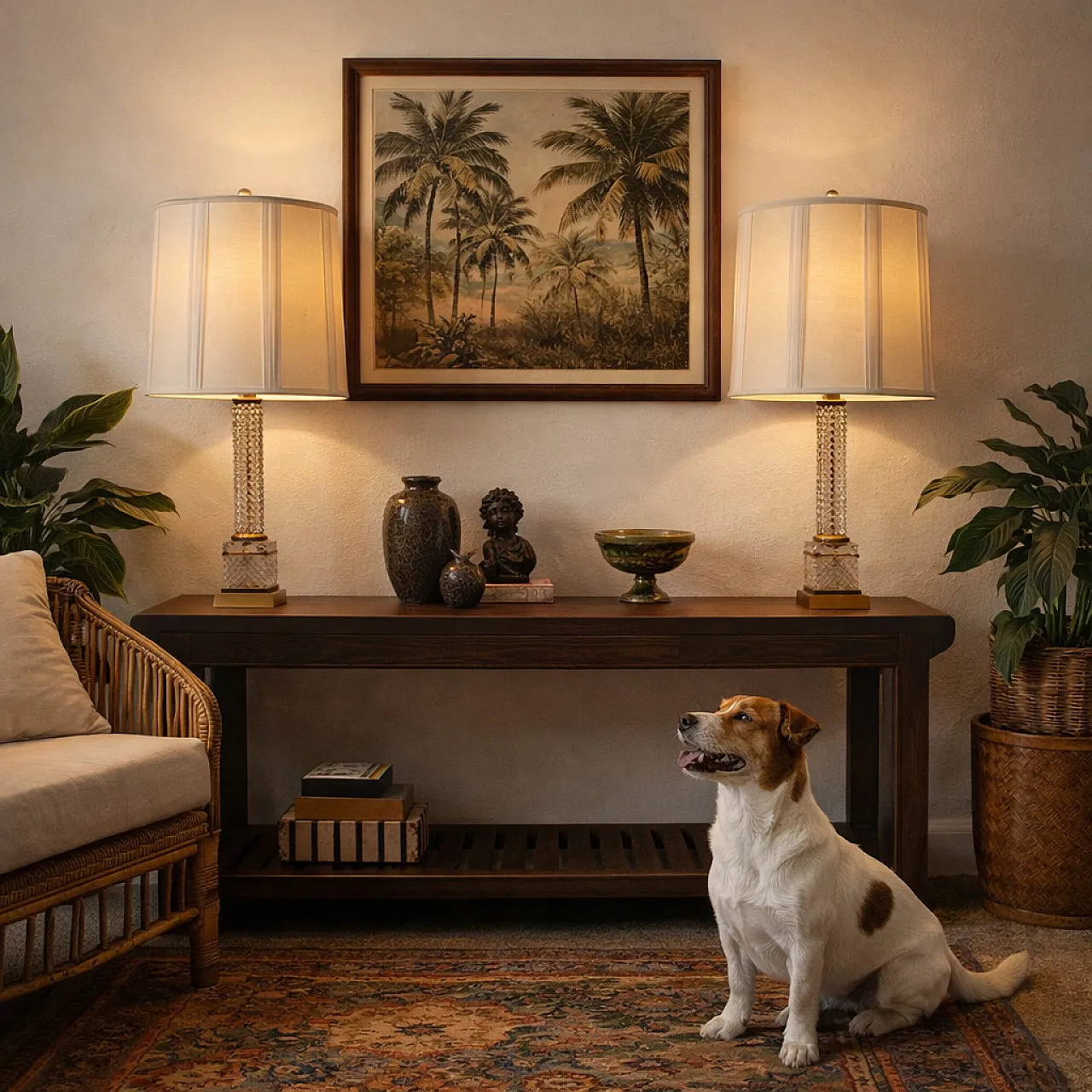 Pair of beveled crystal and bronze lamps with fabric shades 2