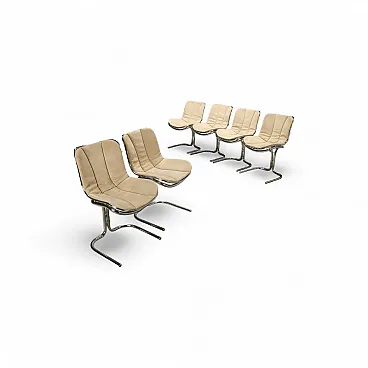 6 Sedie in metallo cromato con cuscini in espanso e tessuto, '900