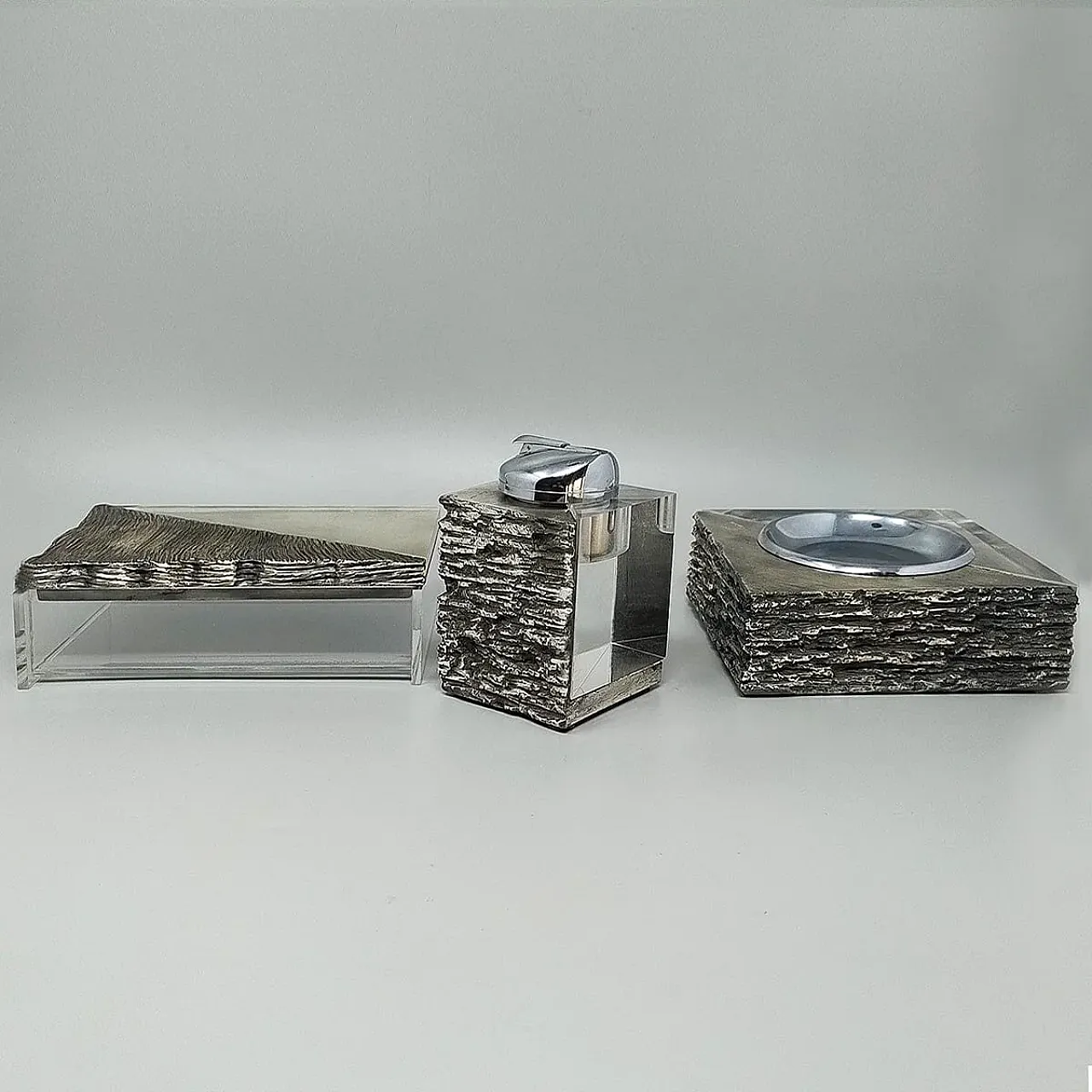 Set da fumo brutalista in metallo e plexiglass, anni '70 1