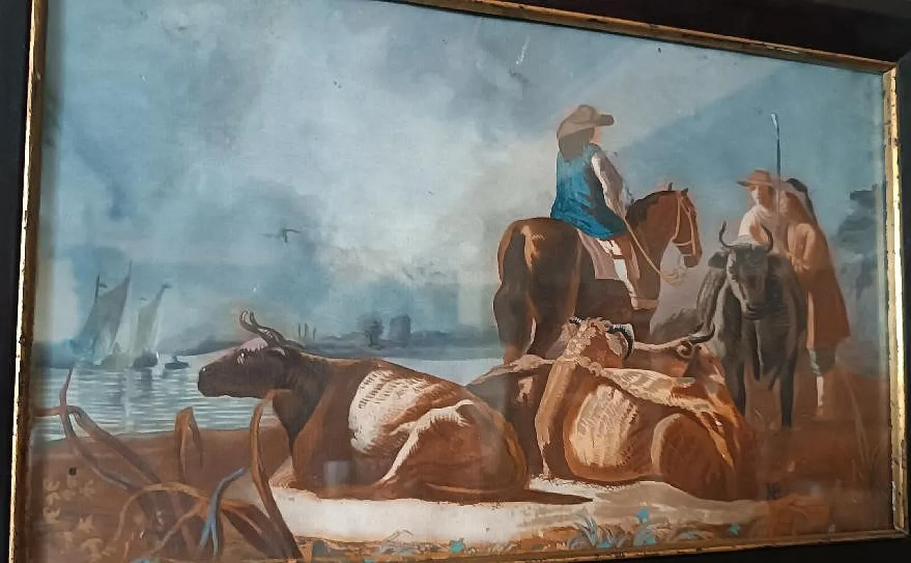 Scena bucolica con mucche e mare, tempera su carta, '700 3