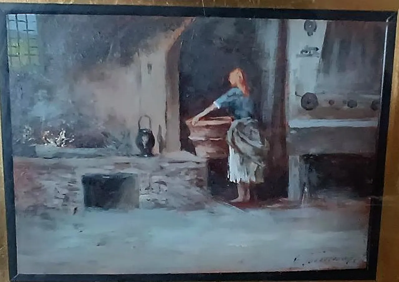 La lavandaia di Gino Tommasi, olio su tavola, primo '900 4