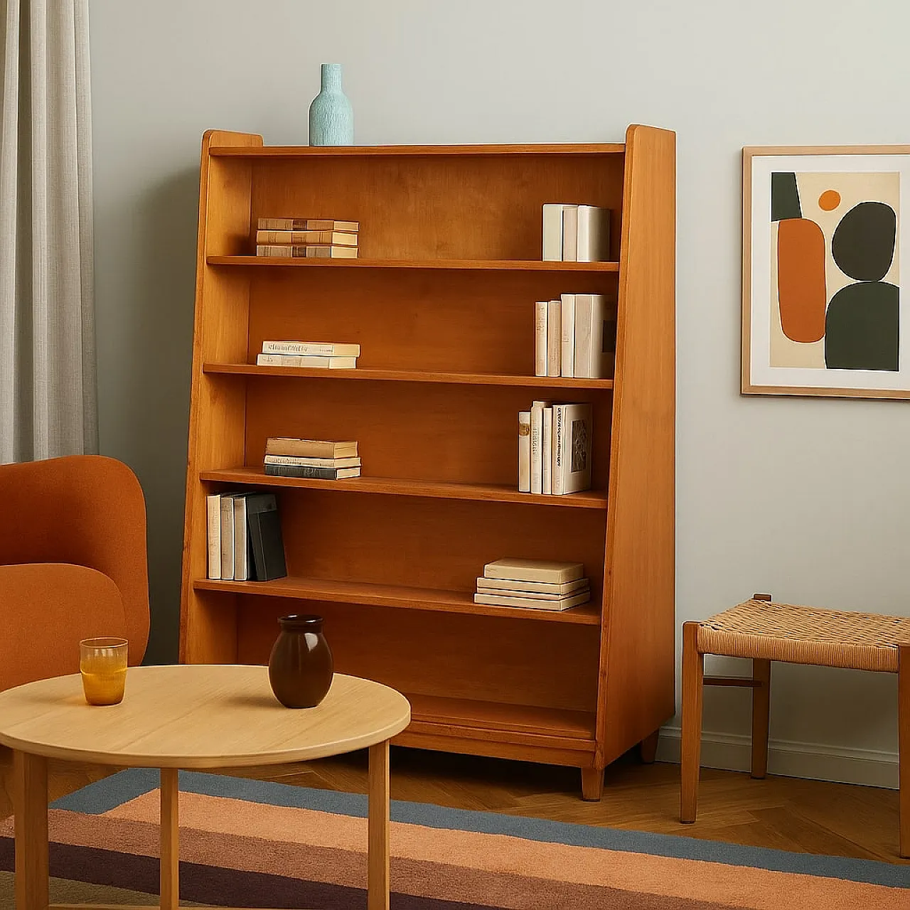 Maple veneered wooden cabinet with wheels and shelves, 20th century 2