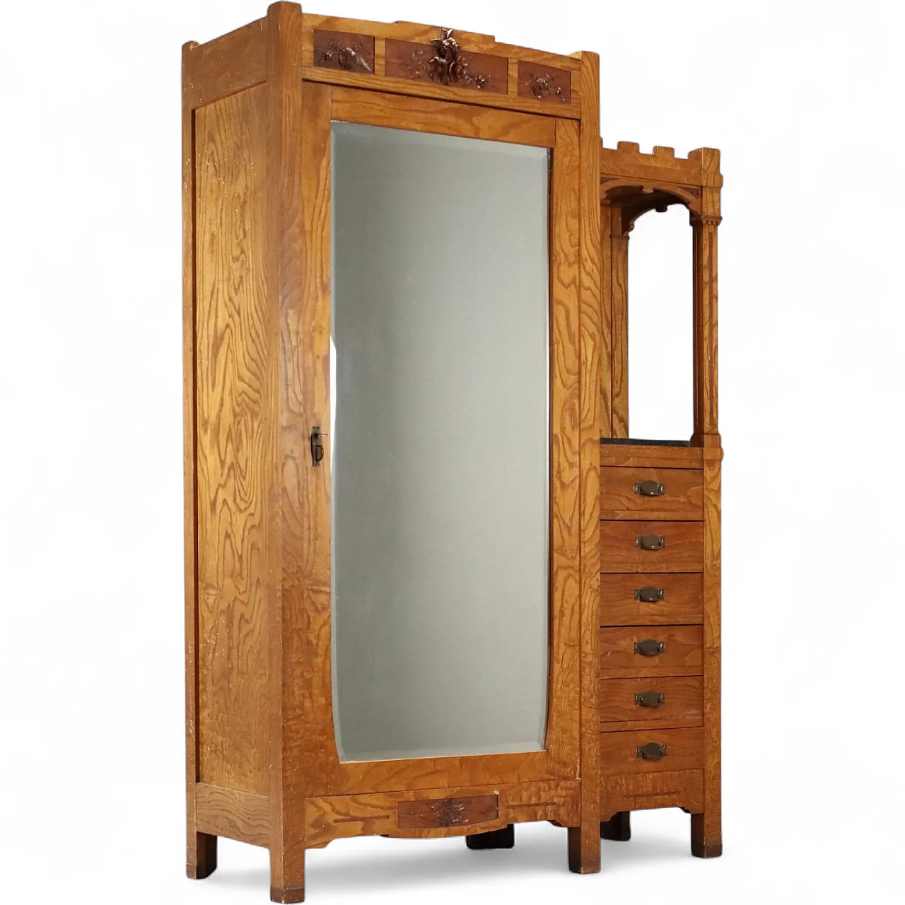 Armadio Liberty in rovere con piano in marmo, primo '900 11