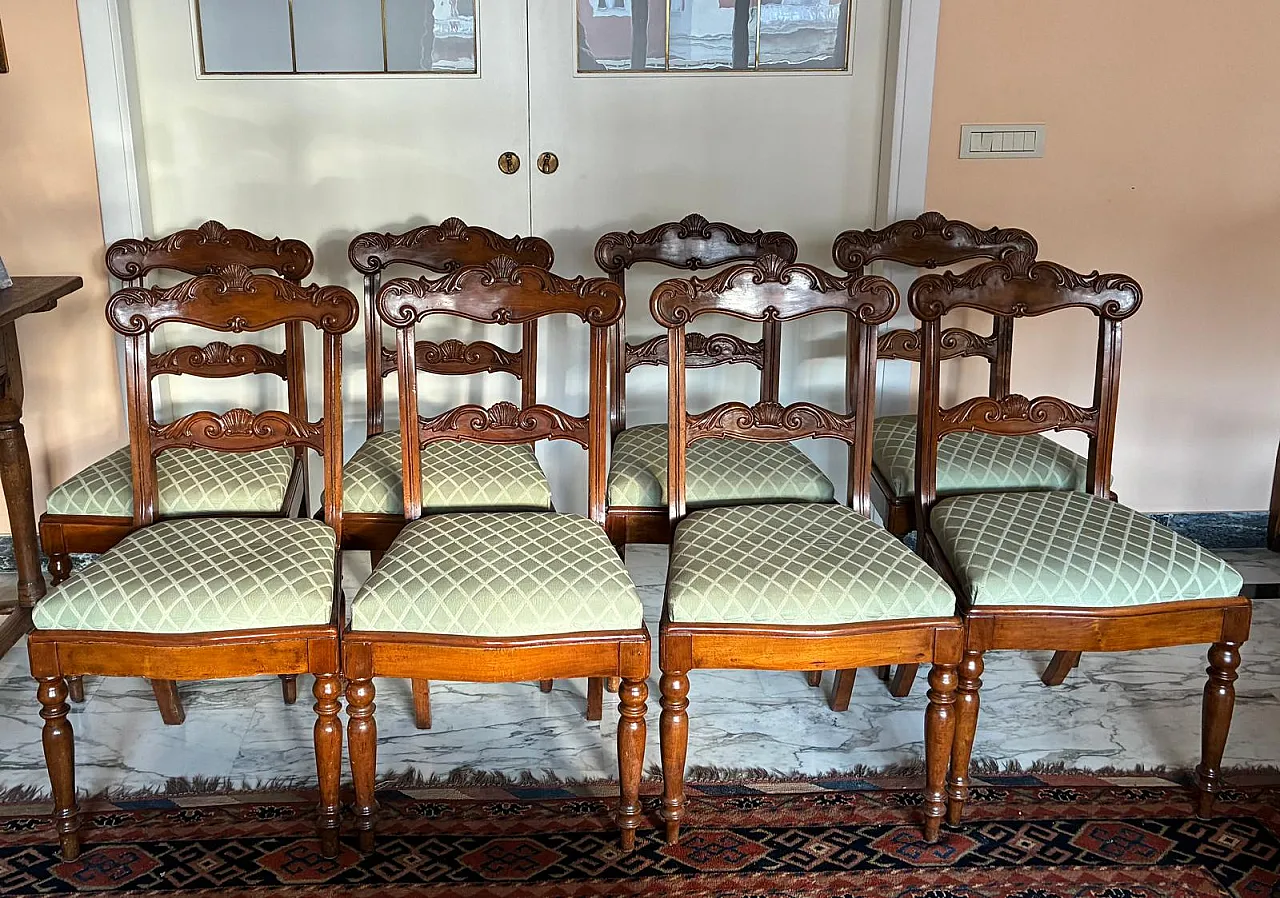 8 sedie Luigi Filippo con sedute in tessuto verde chiaro, '800 1