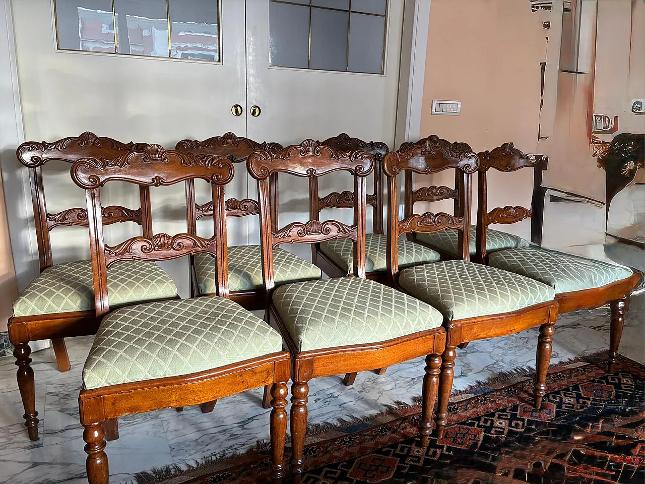 8 sedie Luigi Filippo con sedute in tessuto verde chiaro, '800 2