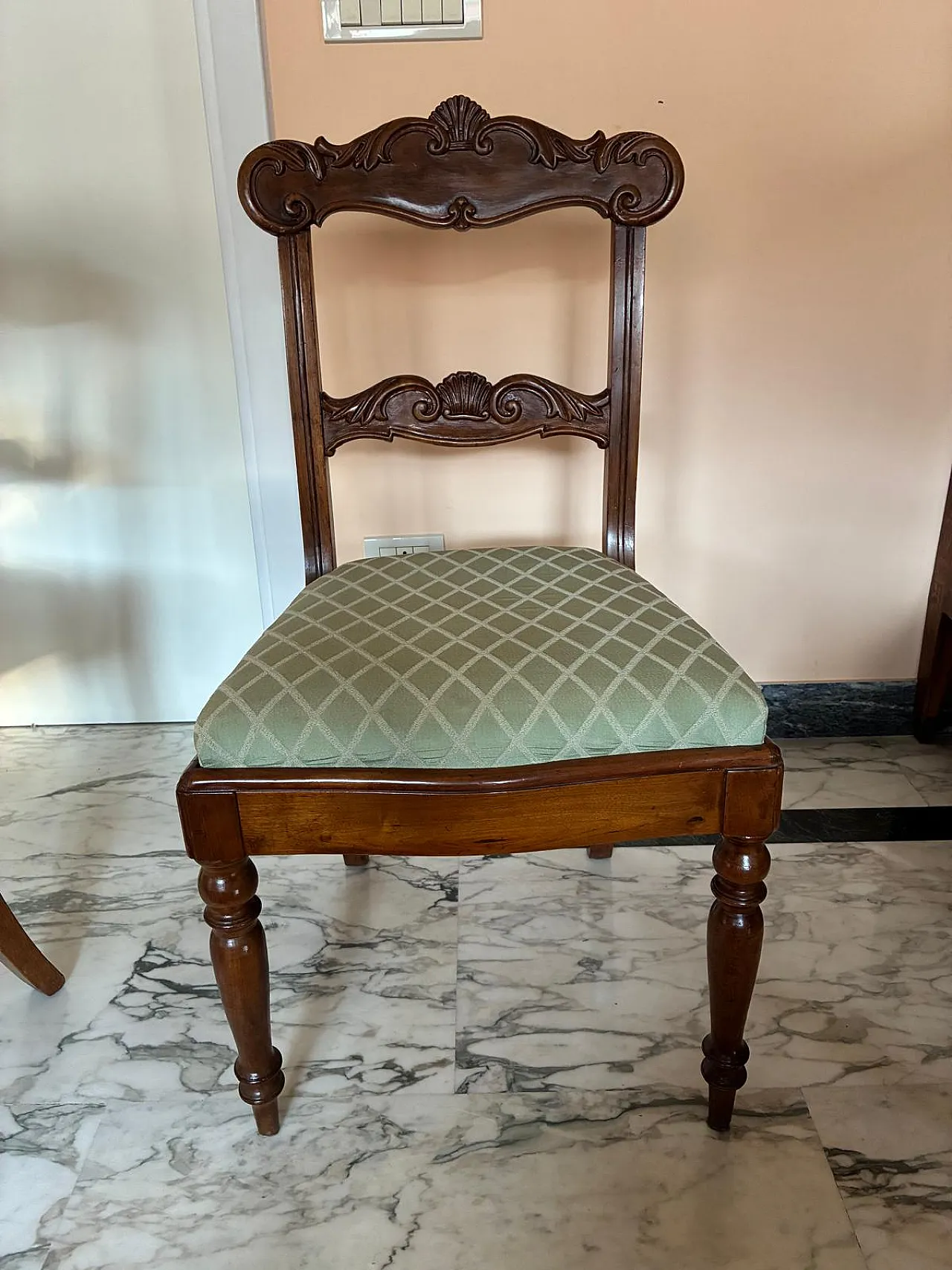 8 sedie Luigi Filippo con sedute in tessuto verde chiaro, '800 4