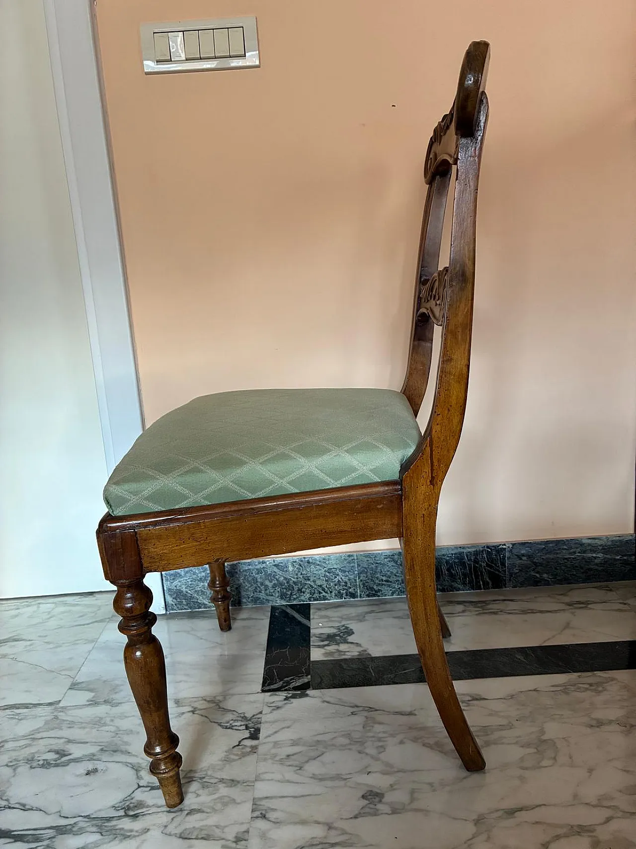 8 sedie Luigi Filippo con sedute in tessuto verde chiaro, '800 8