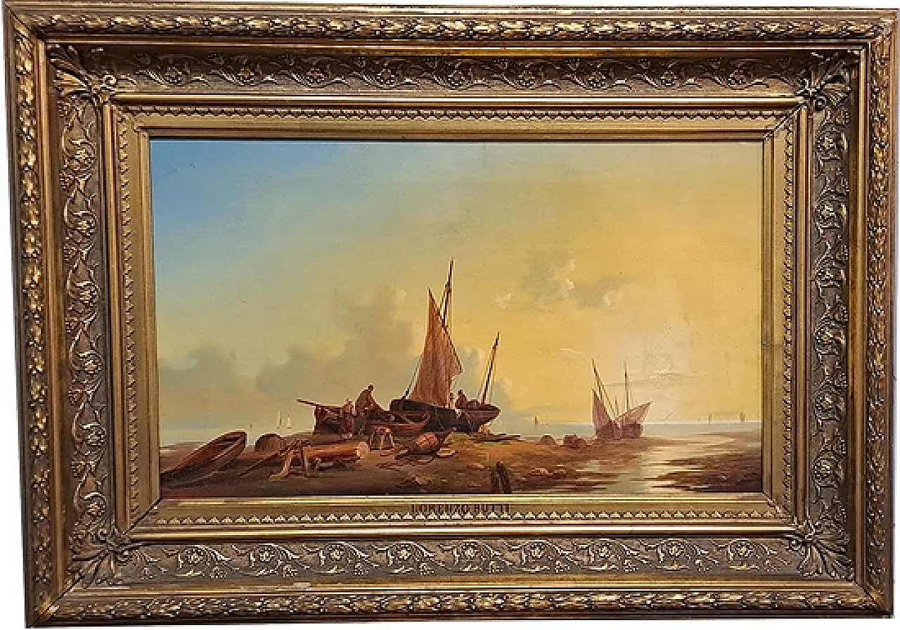 Marina with Fishermen and Boats by L.Butti, oil on canvas,19th century 1