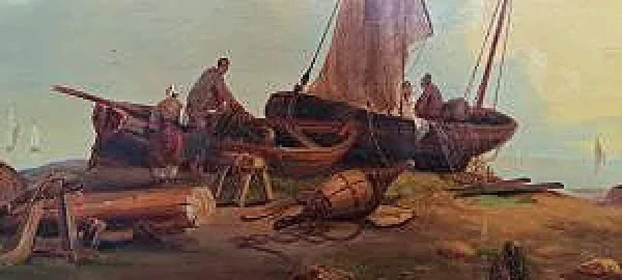 Marina with Fishermen and Boats by L.Butti, oil on canvas,19th century 3