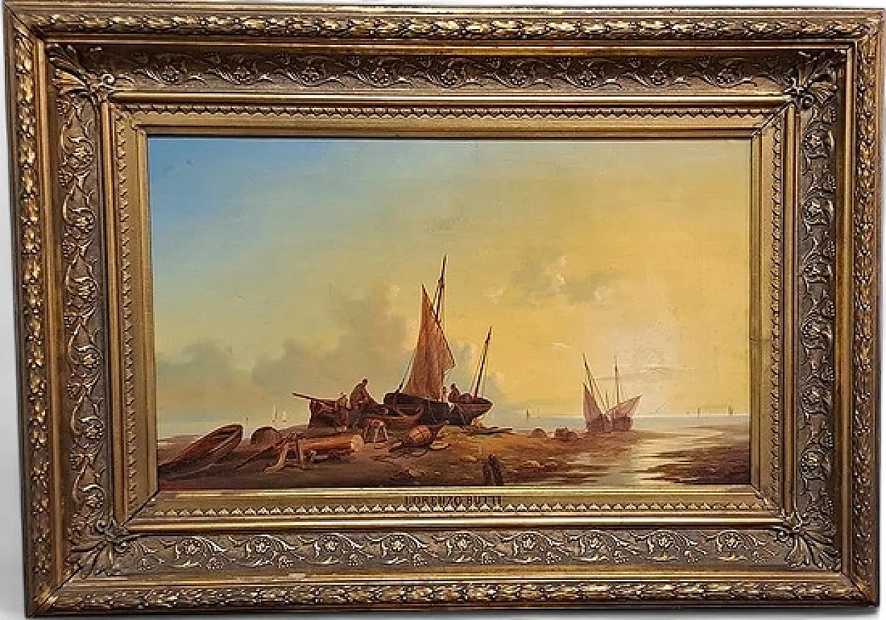 Marina with Fishermen and Boats by L.Butti, oil on canvas,19th century 8