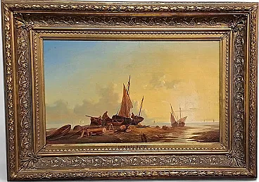 Marina with Fishermen and Boats by L.Butti, oil on canvas,19th century