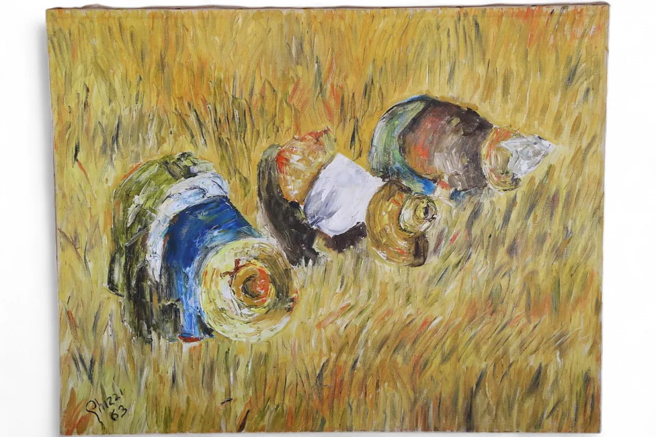 The gleaners oil on spatula textured impressionist canvas, 70s 25