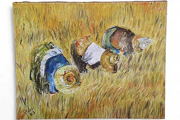 The gleaners oil on spatula textured impressionist canvas, 70s