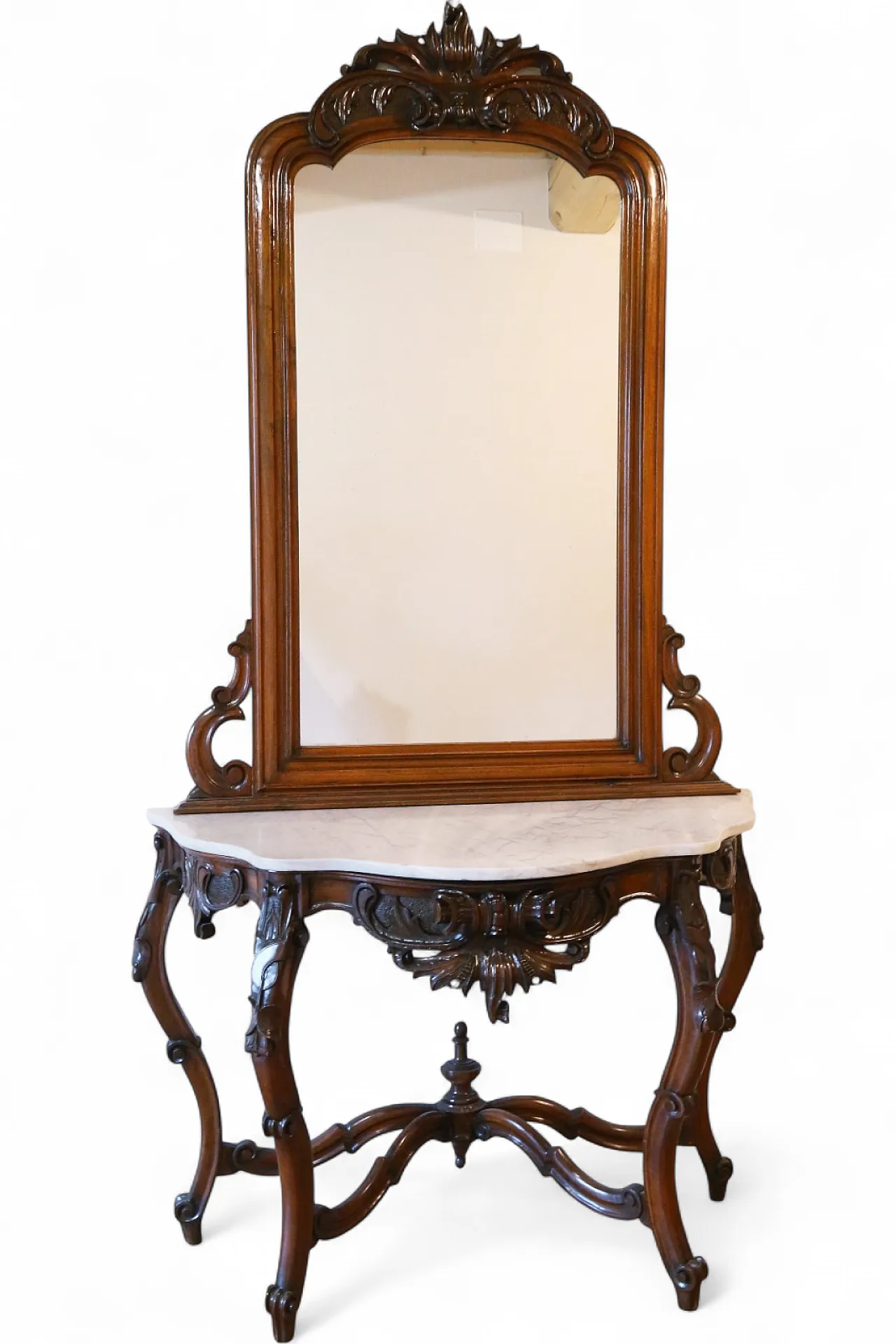 Umbertine console with mirror, walnut wood, Carrara marble, 19th c. 25