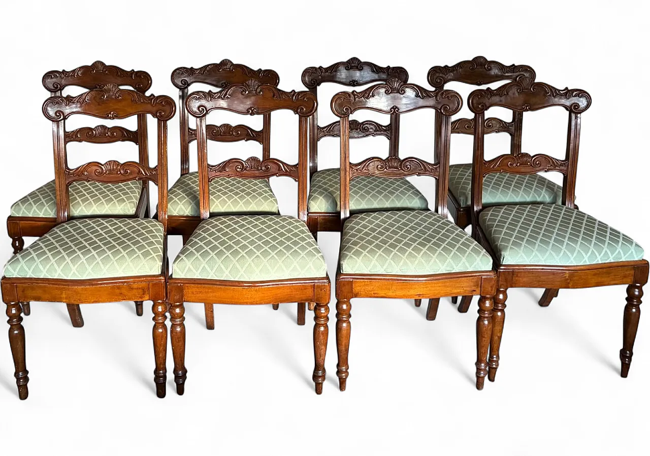 8 sedie Luigi Filippo con sedute in tessuto verde chiaro, '800 13
