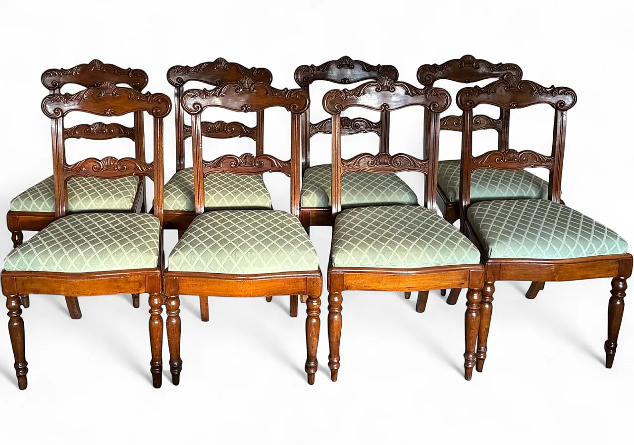 8 sedie Luigi Filippo con sedute in tessuto verde chiaro, '800 14