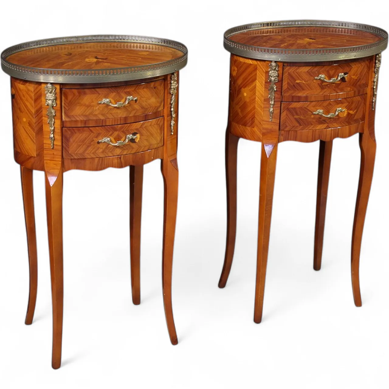 Coppia di comodini francesi ovali intarsiati, '900 13