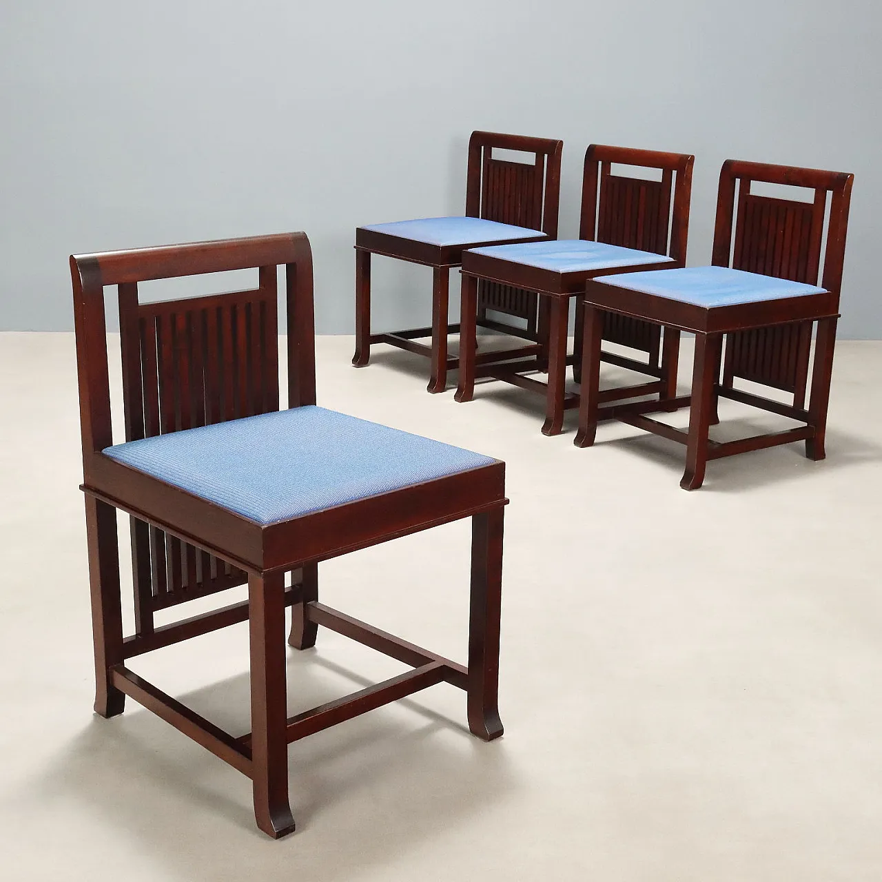 4 Chairs in cherry wood, foam, and fabric, 20th century 1