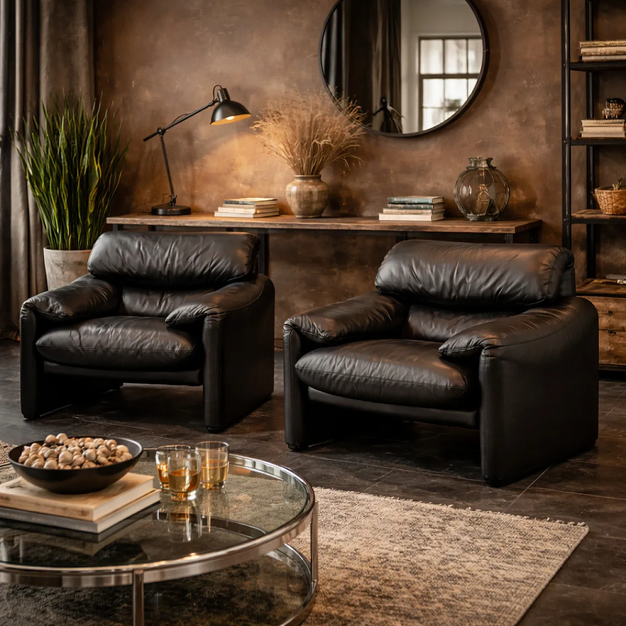 Pair of foam and leather armchairs, 20th century 2