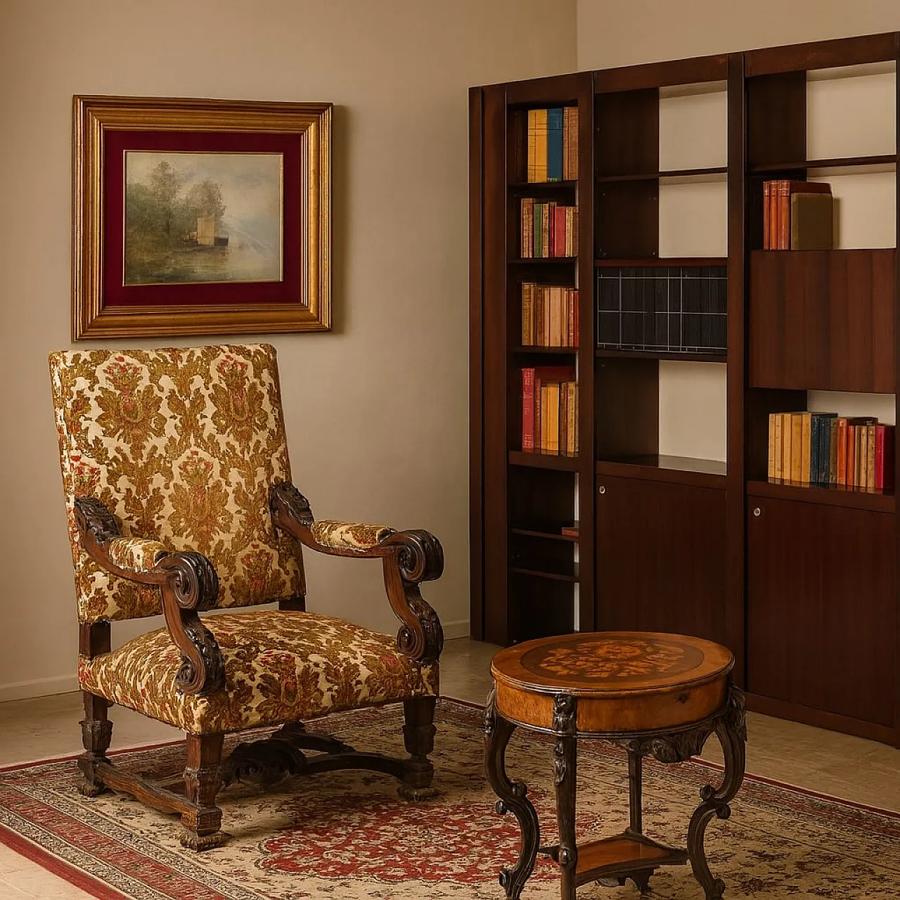 Baroque armchair in walnut and padding, 18th century 2