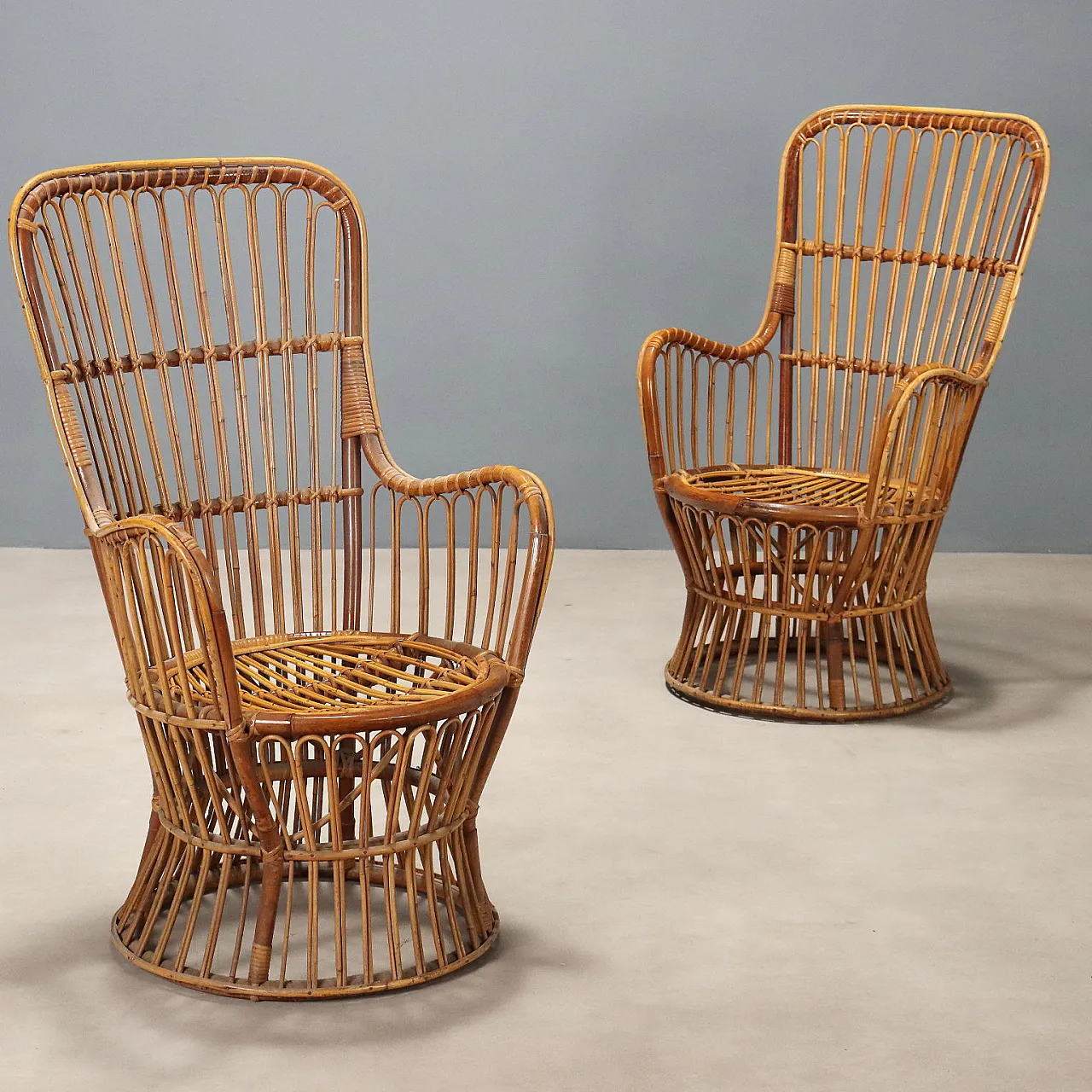 Pair of wicker chairs with armrests, 20th century 1