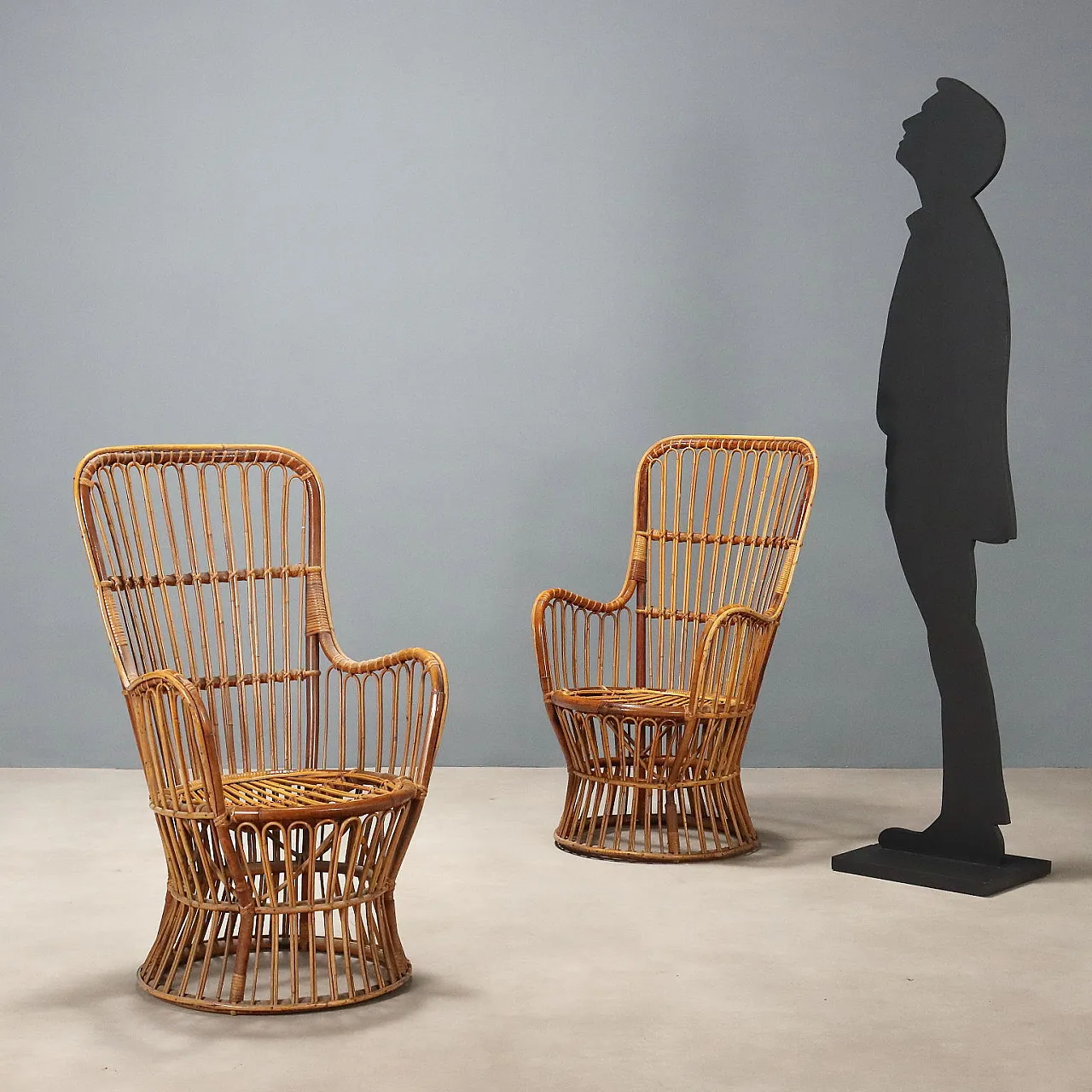 Pair of wicker chairs with armrests, 20th century 2