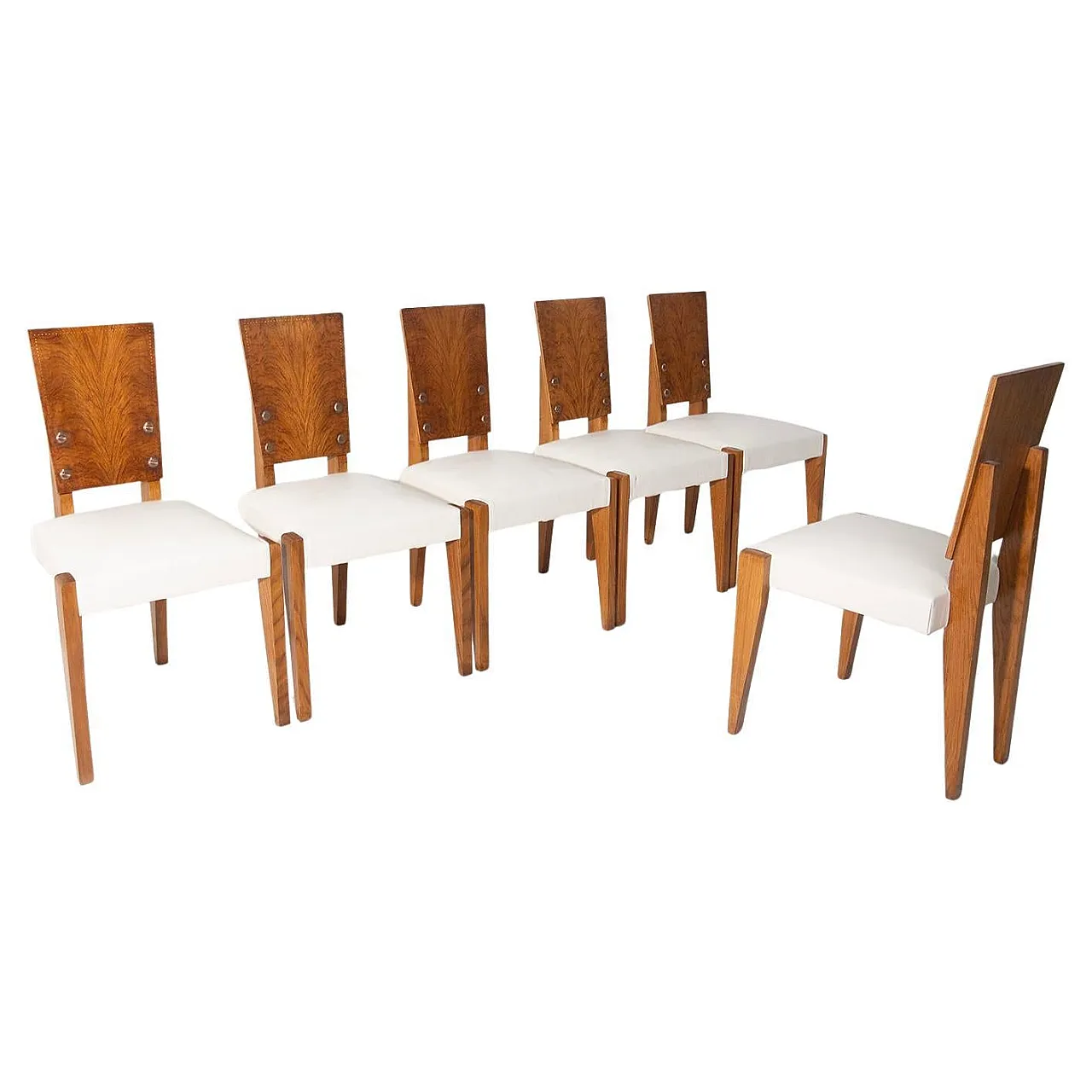 6 Sedie di Andre' Sornay con sedili in pelle bianca, metà '900 1