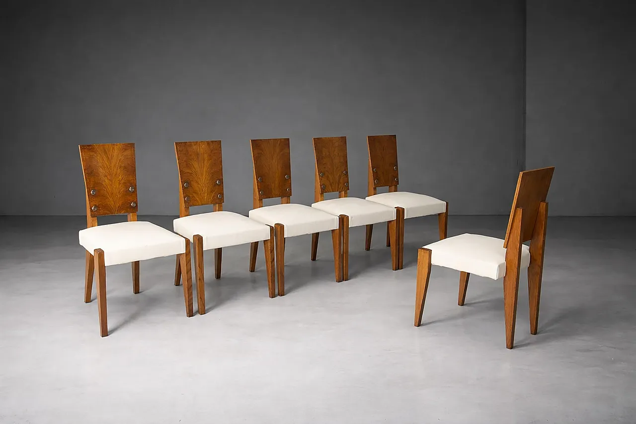 6 Sedie di Andre' Sornay con sedili in pelle bianca, metà '900 3