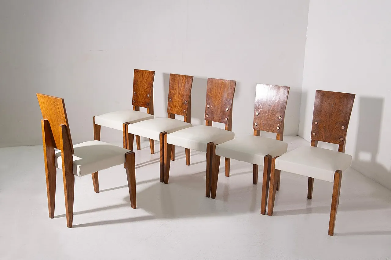 6 Sedie di Andre' Sornay con sedili in pelle bianca, metà '900 4