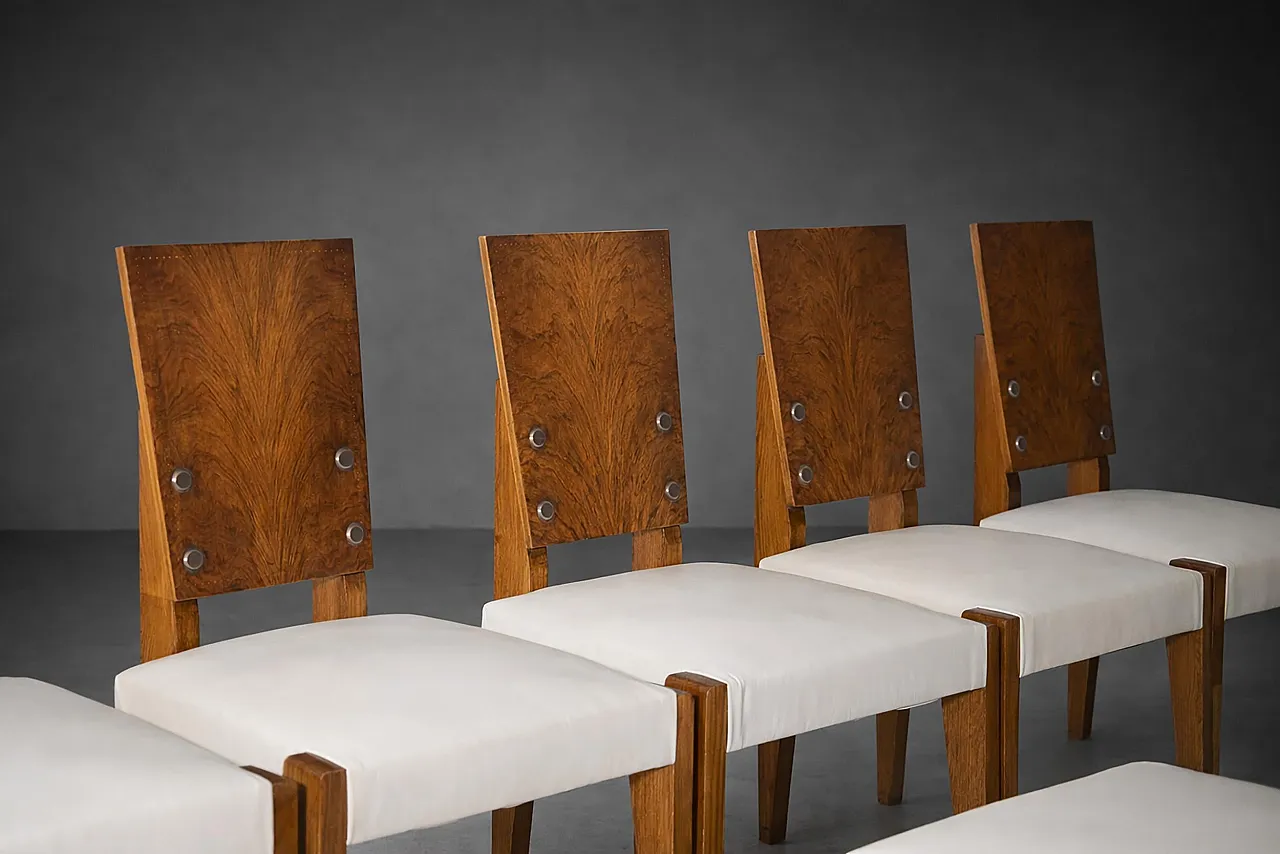 6 Sedie di Andre' Sornay con sedili in pelle bianca, metà '900 7