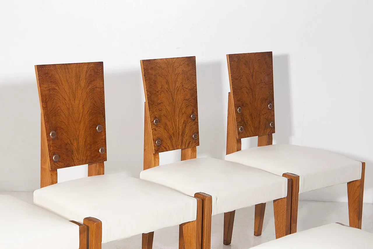 6 Sedie di Andre' Sornay con sedili in pelle bianca, metà '900 12