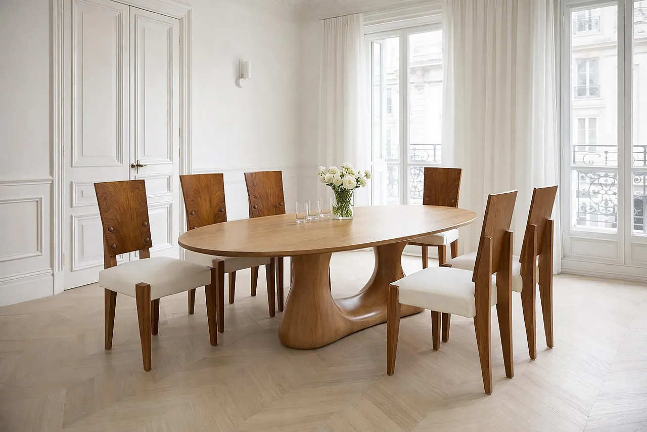 6 Sedie di Andre' Sornay con sedili in pelle bianca, metà '900 15