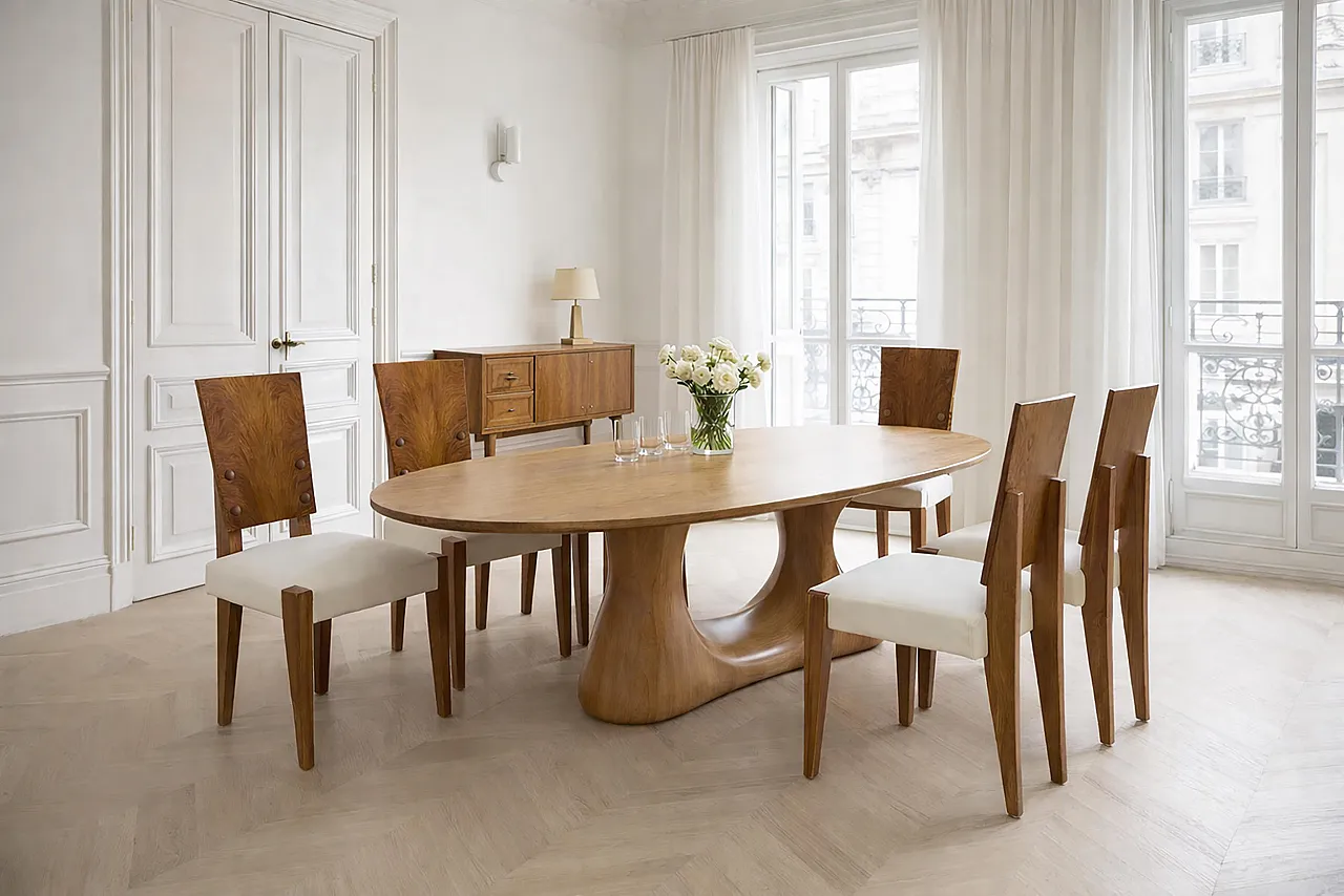 6 Sedie di Andre' Sornay con sedili in pelle bianca, metà '900 16